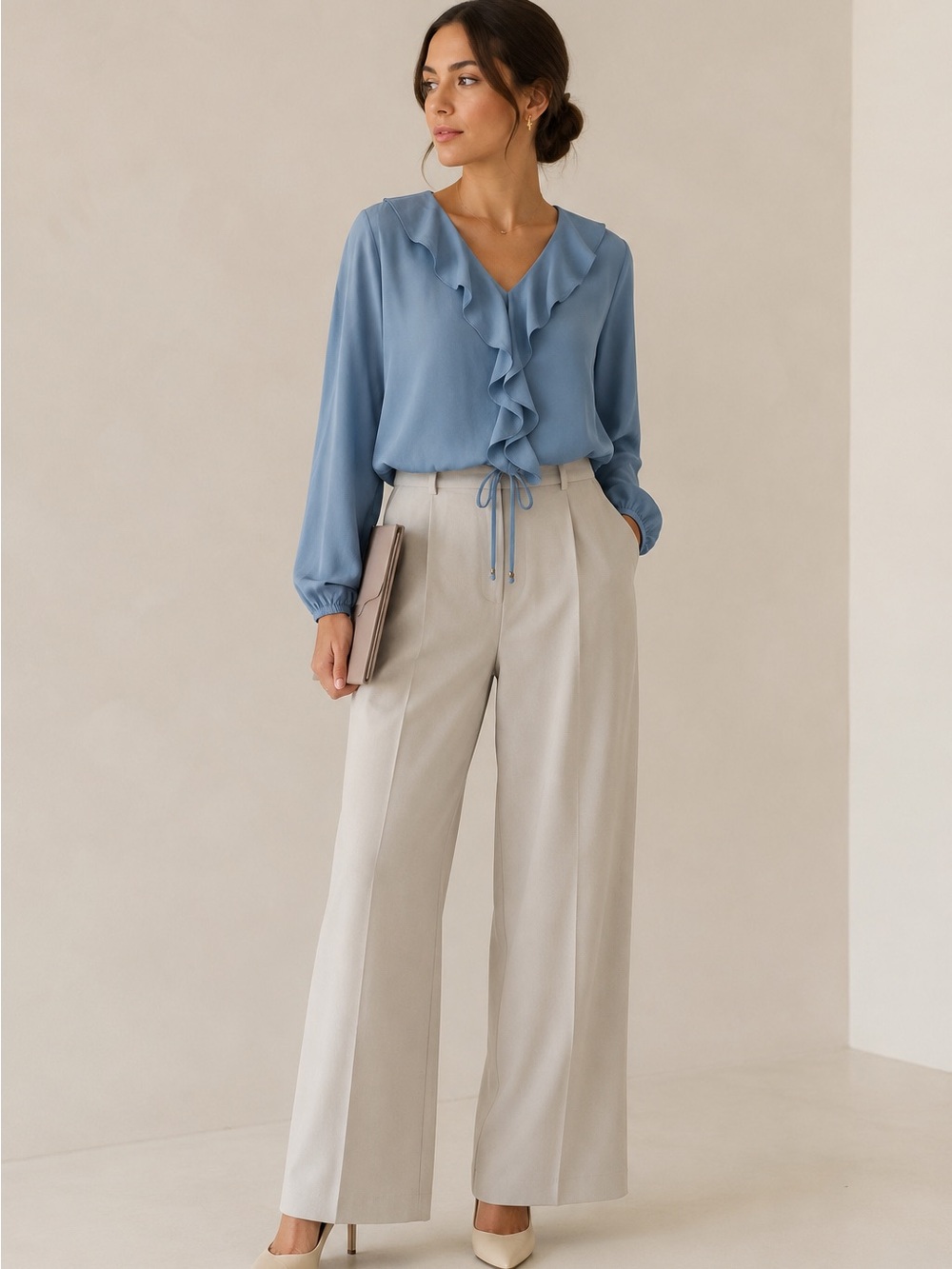 Veiled Collection Nee York Ruffle Front Long Sleeve Blouse - Dusty Blue Size M